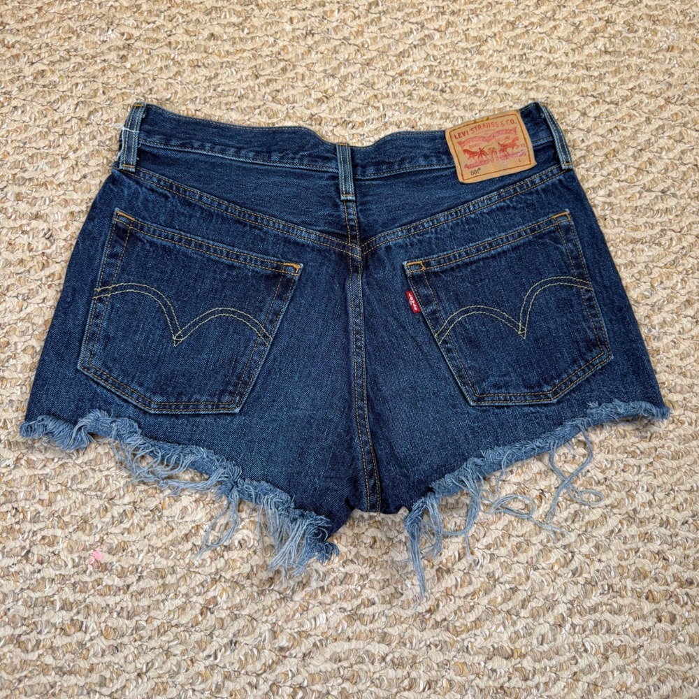 Levis 501 Womens High Rise Cut Off Denim Shorts Dark Wash Blue W28 Button Fly